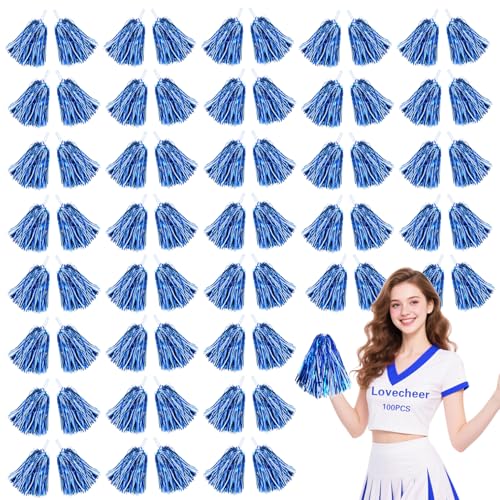 Lovecheer 100PCS Blue and White Pom Poms Cheerleading with Baton Handle