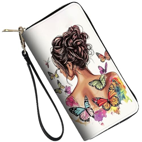 Image of RFID Blocking Leather Wallet for Women - Large Capacity Zip Around Clutch with 8 Card Slots,28 Cash Pockets & Coin Zipper,Butterfly Girl Watercolor Art