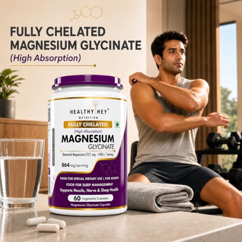 Image of HealthyHey Nutrition Magnesium Glycinate 14% Fully Chelated Supplement High Absorption for Sleep, Cramps, & Nerves Health - 60 Vegetable Capsules
