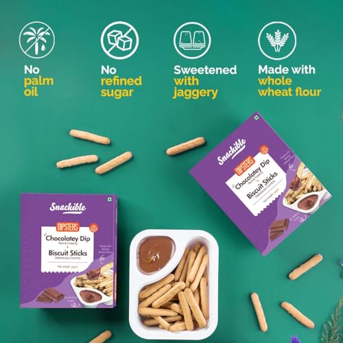 Image of Snackible Dipsters Chocolate Dip with Biscuit Sticks Pack of 24 x 34g | Baked Snack | Crunchy Biscuit Sticks with Creamy Chocolate Dip | Kids Snack | No Palm Oil