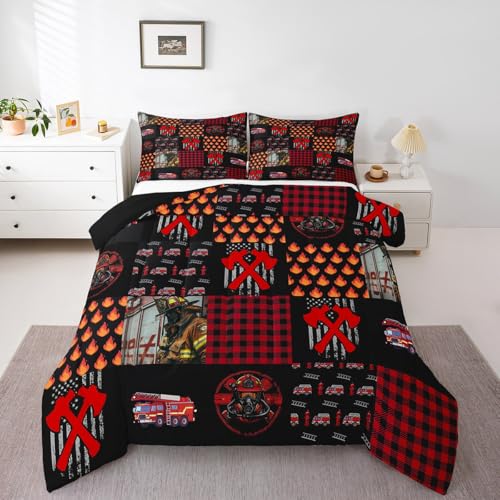 feelingyou Juego de edredón tamaño King de bombero, decoración de camión de bomberos rojo para todas las estaciones, edredón geométrico de cuadrícula para adolescentes, decoración roja y amarilla