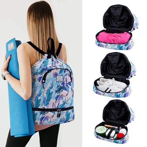 Image of Kamo Drawstring Backpack Bag - Sport Swimming Yoga Backpack with Shoe Compartment, Two Water Bottle Holder for Men Women Large String Backpack Athletic Sackpack for Travel