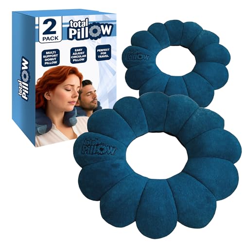 Total Pillow Almohada en forma de donut para avión y viajes, para dormir, cómoda, con microcuentas, para cuello, cabeza, espalda, apoyo lumbar y pélvico, se gira en muchas posiciones, azul, 2 unidades