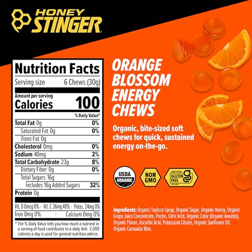 Image of Honey Stinger Organic Orange Blossom Energy Chew, Gluten Free & Caffeine Free, for Exercise, Running and Performance, Sports Nutrition for Home & Gym, Pre and Mid Workout, 21.6 Ounces (Pack of 12)