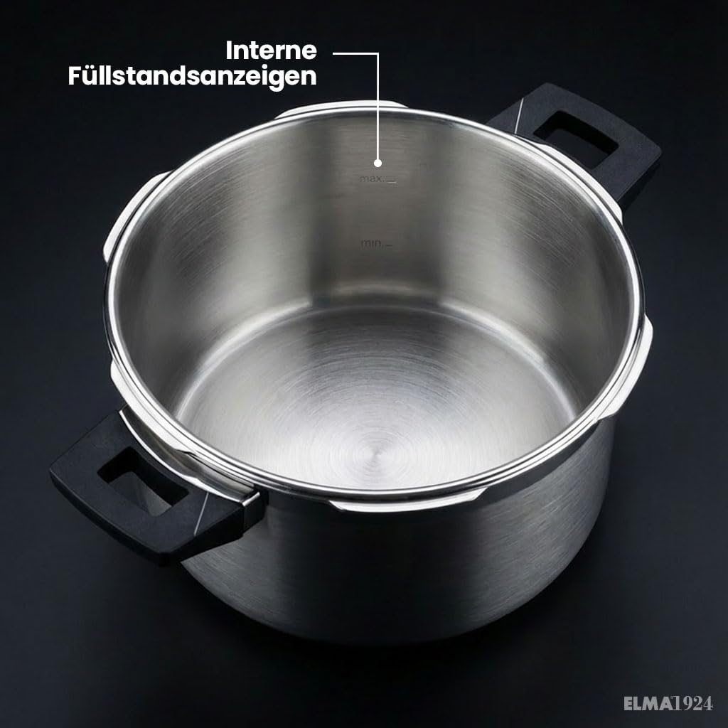 ELMA Prêst Schnellkochtopf Set 4 + 6 Liter, Ø 24 cm | 18/10 Edelstahl, Induktionsgeeigneter Kapselboden, 2 Garstufen, Dreifaches Sicherheitssystem, Glasdeckel Inklusive