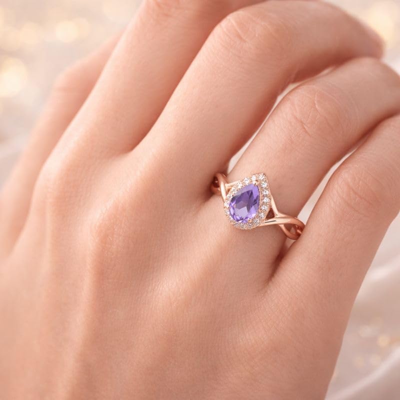 Pear Shaped Amethyst Engagement Ring Rose Gold Twisted Band Halo Ring February Birthstone Vintage Inspired Promise Ring Anniversary Ring for Women
