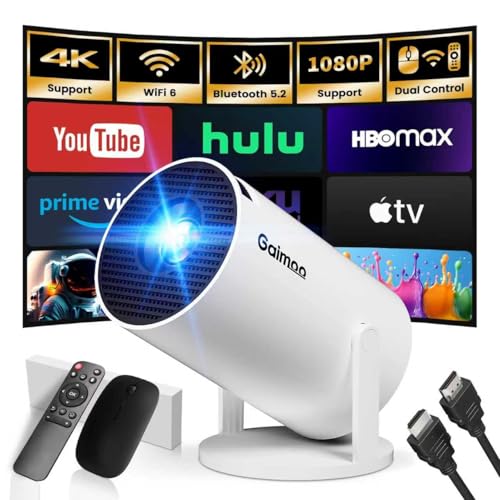 [Built-in App & Smart Projector] Mini Projector 2026 Upgraded Support 4K 1080P FHD Portable Projector WiFi 6 BT5.2 180° Keystone Compatibile with HDMI/TV Stick/Memory Stick/Laptop, White