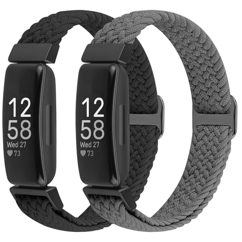 BTTNG 2 Pack Elastic Braided Straps Compatible with Fitbit Inspire 3/ Inspire 2/Inspire/Inspire HR/Ace 3/Ace 2 Women Men Kids Adjustable Stretchy Wristbands Loop Sports Replacement Band