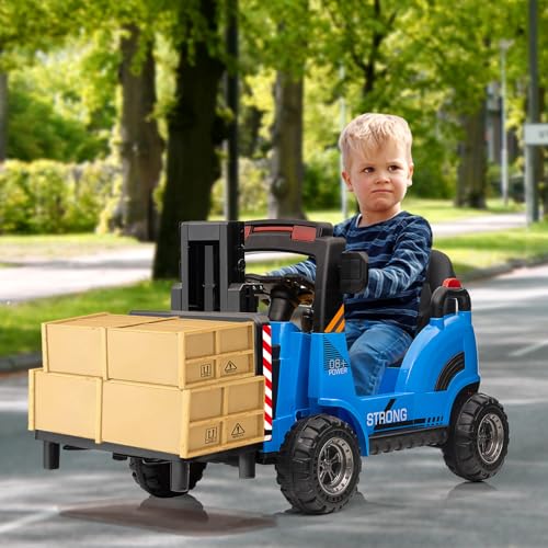 12V Kids Ride On Forklift Car, Electric Ride On Construction Car Toy for Toddles With Remote Control, Liftable Fork and Pallet, Low-Power Alarm, 2 Speeds, Music, Blue