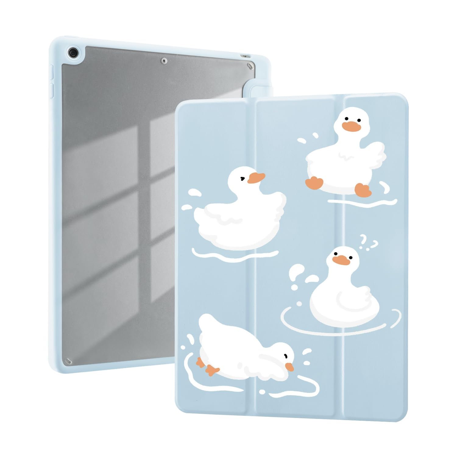 Custodia Kawaii Duck per iPad Pro 4a/3a/2a/1a generazione (2022/2021/2020/2018) 11 pollici con supporto per matita triplice supporto in pelle blu Girly Cover posteriore trasparente