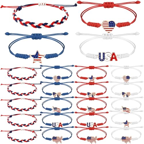 Image of 24 Pcs 4th of July Bracelets Red White and Blue Bracelets Patriotic USA American Flag String Woven Wristband Bulk 4th of July Party Favors for 250th Anniversary Independence Day Parade Supplies