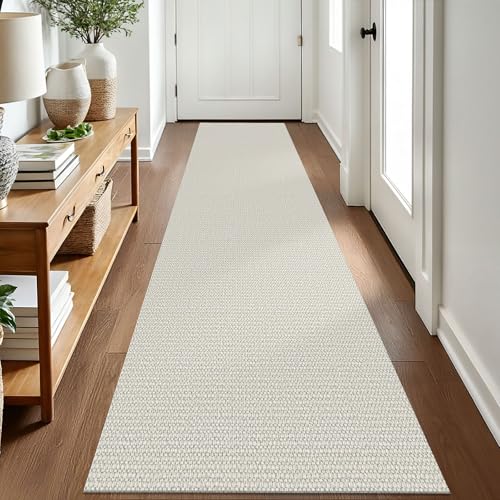 EARTHALL Woven Runner Rug 2x8 Ft Washable Runners for Hallways Cotton Rubber Backed Kitchen Runner Braided Indoor Floor Carpet Runners for Entryway, Hallway, Kitchen, Bedroom, Cream/Grayish