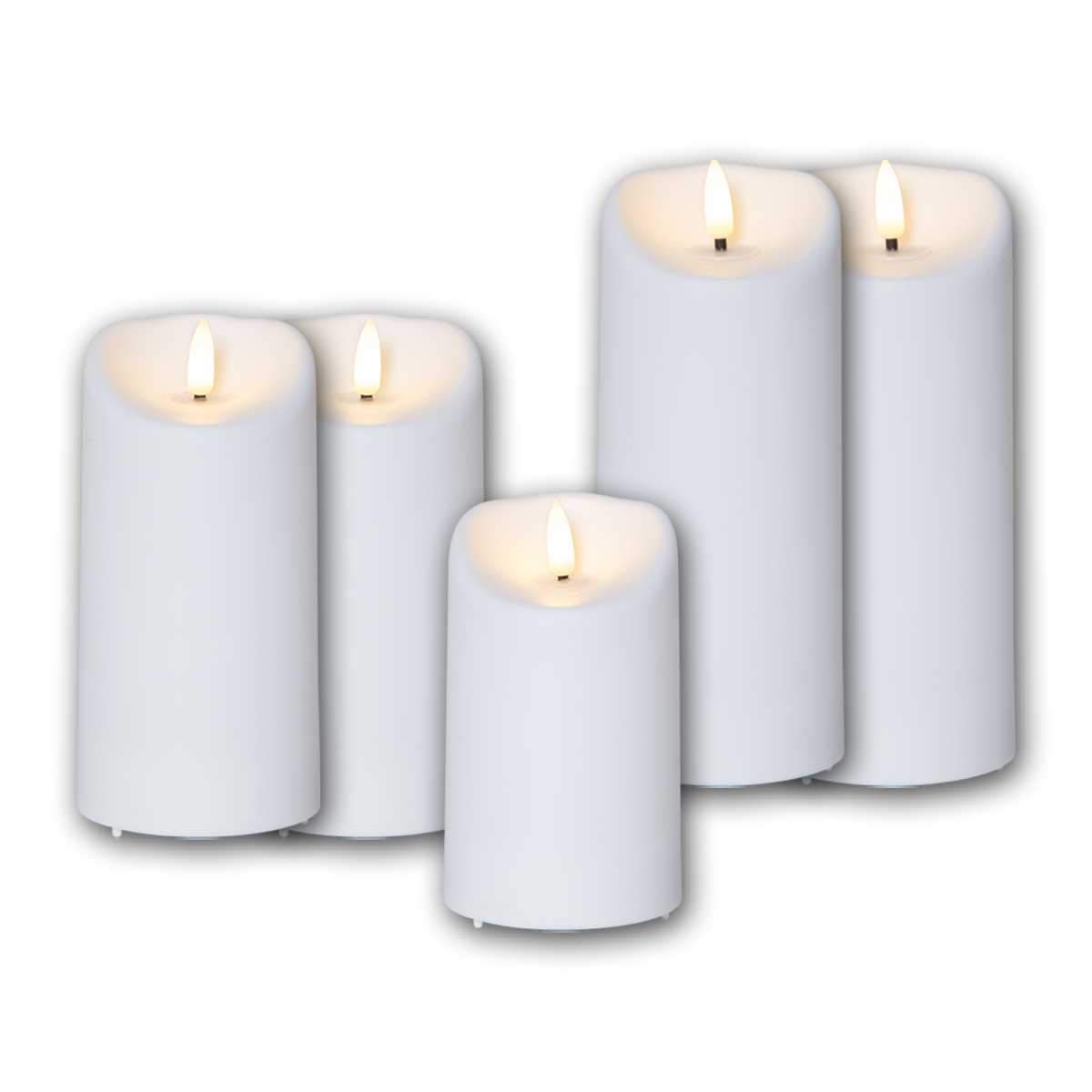 5er Set L LED Außen-Kerze 3D-FLAMME Timer warmweiß, Höhen 13/ 15/ 18cm