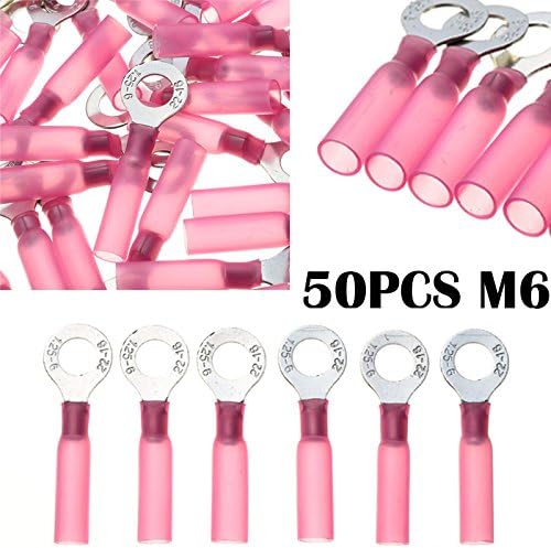 50pcs Copper + PE Crimp Terminals Red Ring M6 Insulated Heat Shrink Connector Electrical Wire Cable 22-18 AWG Connector VUQLDHAYZ