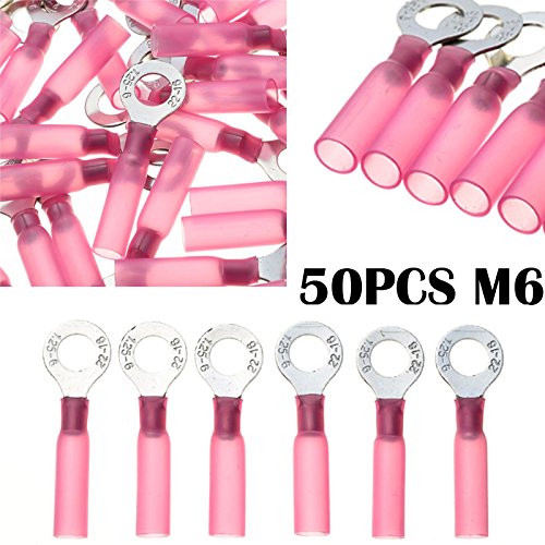 50pcs Copper + PE Crimp Terminals Red Ring M6 Insulated Heat Shrink Connector Electrical Wire Cable 22-18 AWG Connector