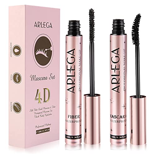 4D Silk Fiber Lash Mascara, 2pcs Waterproof Mascara & Fiber Set, Longer Thicker Voluminous Eyelashes, No Clumping, No Smudging Lasting All Day