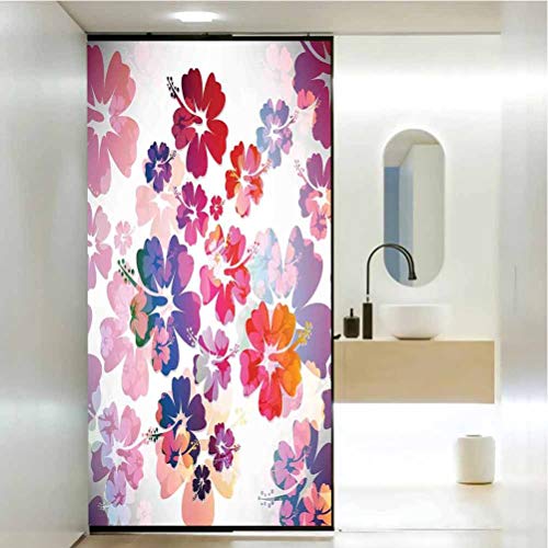 Adhesivo estático impermeable para ventana de vidrio, hawaiano exótico floral de la isla del tema T, no adhesivo sin residuos, fácil de recortar películas para bloquear el sol W35.4 x L78.7 pulgadas
