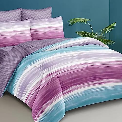 Shatex 3 Piece Queen Comforter Bedding Set- All Season Bedding Comforter Set, Ultra Soft Polyester Colorful Stripes Bedding Comforters- Purple #TOP5