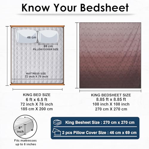 Image of Story@Home Luxe 400 TC Sateen Weave 100% Cotton Bedsheet King 270 cm x 270 cm Ombre Printed Soft Flat Sheet with 2 Pillow Covers 18 x 27 Inch Burgundy-Gift Packaging