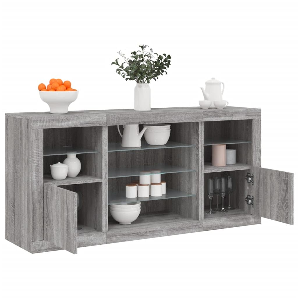 3209091 Credenza con Luci LED Grigio Sonoma 142,5x37x67 cm Credenza Moderna a Anta con Luci LED e Mensole in Vetro,Mobile Multiuso in Legno con Finitura Lucida