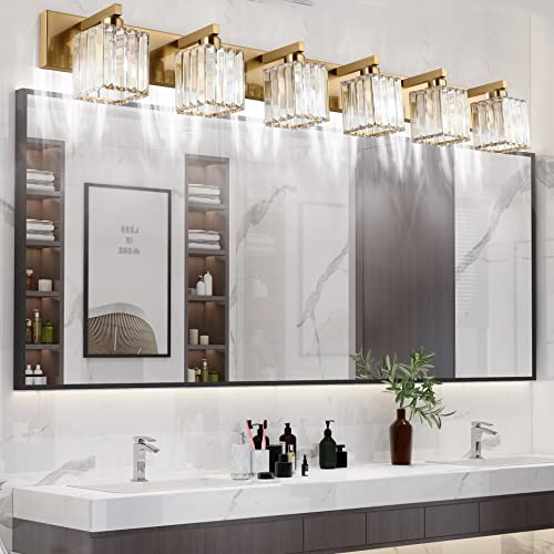 Image of Aipsun Bathroom Vanity Light Brass Crystal Vanity Lighting Fixtures 6 Light Modern Bathroom Lighting Fixtures (Exclude Bulb)