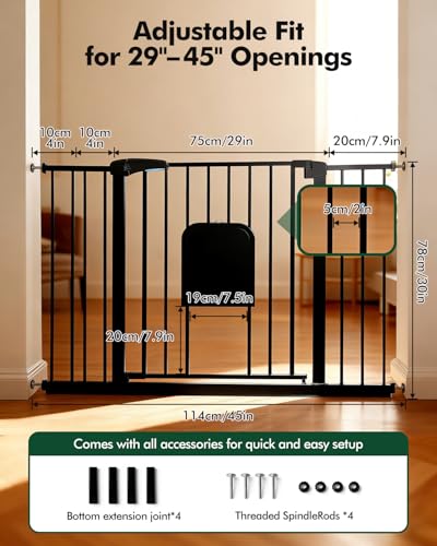 Pet Gate with Adjustable Cat Door, 31–46 Inch Pressure Mounted Dog Gate for Doorways, Stairs and Hallways, Auto Close Walk Through Metal Gate, No Drilling, Black - Image 6