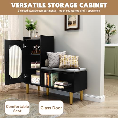 Image of HLR Storage Bench Set of 2, Black Modern Entryway Shoe Cabinet Bench with Glass Door&Shelf, L-Shaped Storage Cabinet with Padded Seat for Hallway, Bedroom, Living Room, Office