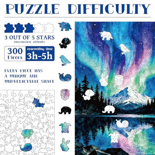 Puzzle de madera de 300 piezas para adultos con piezas de formas únicas en tema Aurora Pine Forest miniatura 3