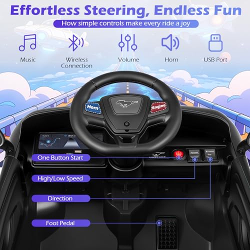Image of Costzon Ride on Car, 12V Licensed Ford Mach E Kids Electric Vehicle with Parent Remote, LED Lights, Horn, Music, Wireless Connection & Spring Suspension, Kids Car Toy for Girls Boys (Deep Black)