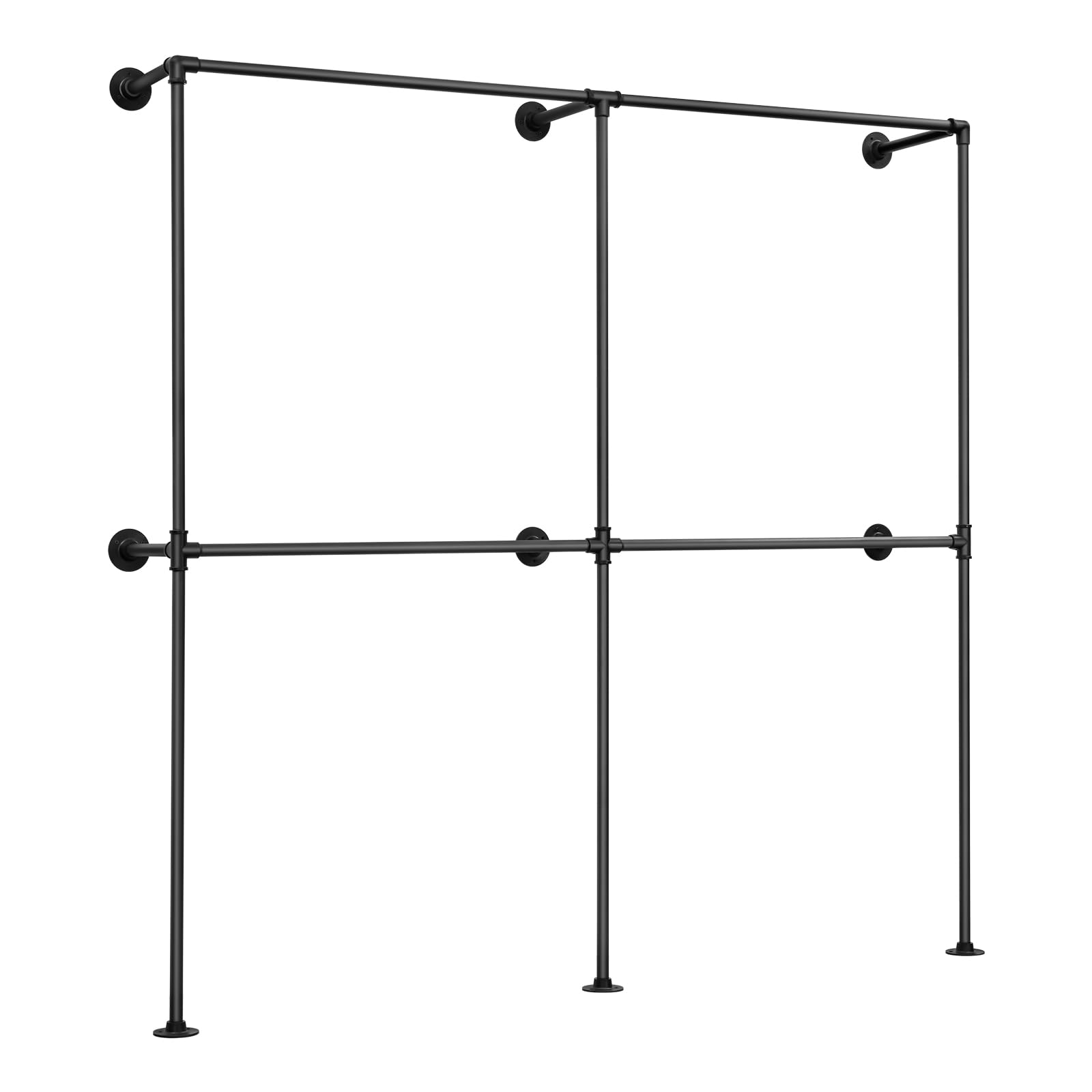 WOLTU Perchero de Pared Industrial, 4 Rieles para Colgar Ropa, Armario Abierto, Perchero Industrial de Tubos Metálicos, Barras Colgantes para Dormitorio y Vestidor, Negro, 193x36,5x187 cm
