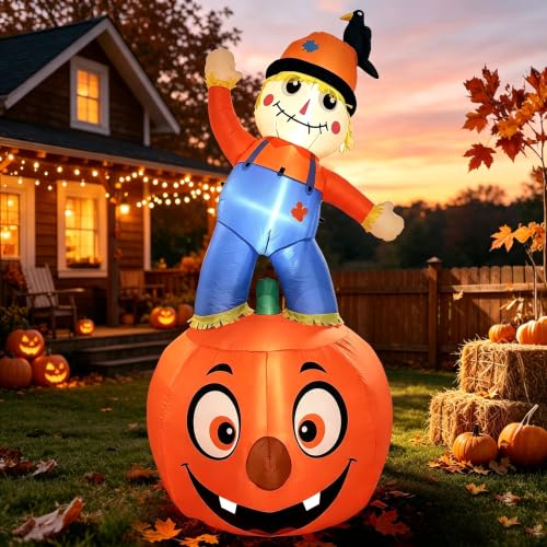 Image of 8FT Fall Inflatable Scarecrow Decorations for Outdoor Yard with LED Lights