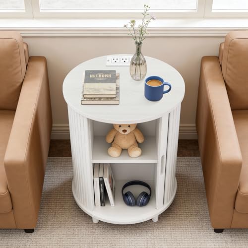 Image of DHH End Table Set of 2 with Storage & Charging Station, Fluted Accent Side Table with Sliding Door & Adjustable Shelf, Mid-Century Nightstand for Small Spaces, Living Room, Bedroom(2, White)