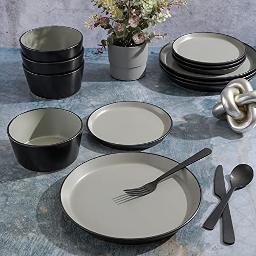 Image of Gibson Home Sofia Coupe 12-Piece Stoneware Dinnerware Set, Service for 4 - Grey Plates and Bowls