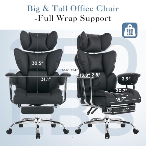 Image of Big and Tall Office Chair 350 LBS, Scratch-Resistant PU Leather Executive Office Desk Chair with Footrest, Ergonomic Reclining Computer Chair with Pocket Spring Support for Home Office, Black