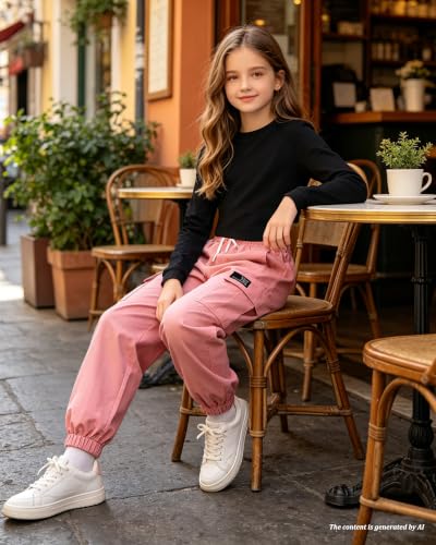 Image of Betusline Girls Fall Winter Clothing Sets, Long Sleeve Crop Top & Cargo Jogger Pants 2 Piece Outfit Sets,4T-14Y