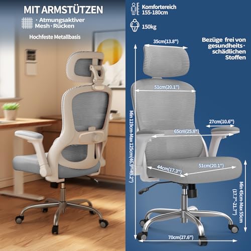 Image of TRALT Ergonomic Office Chair, Office Chair, Gaming Chair with Adjustable Headrest, Lumbar Support, Home Office, Desk Chair, Computer Chair for Large People, Mesh Chair, 150 kg, Grey