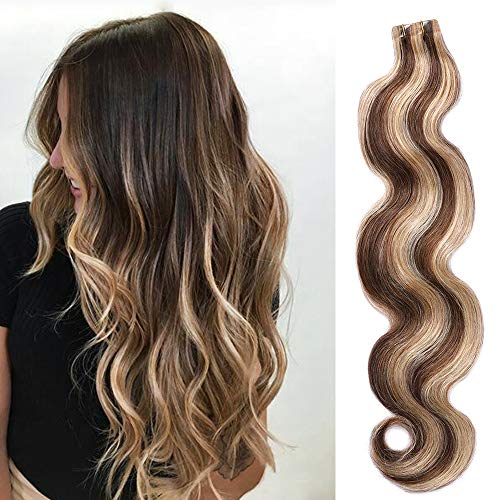 18inch Body Wavy Tape in Remy Hair Extensions Human Hair #2 Brown Highlighted with 613 Blonde Balayage Skin Weft Real Hair Extensions 20pcs/40g