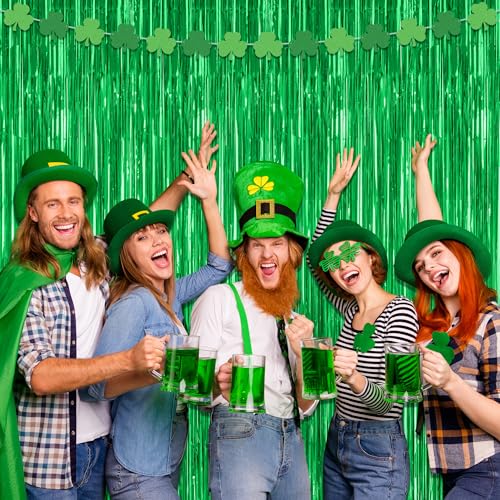 Image of ZATAYE 12 Pack Green Christmas St Patricks Foil Curtain Decorations | Green, Metallic Foil, 3.28 x 7.05 FT, Tinsel Backdrop, Foil Curtain Streamer, Christmas St Patricks Party