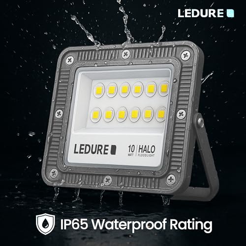 Image of LEDURE Halo 10W LED Flood Light | Pack of 1 | 6500K Cool White | IP65 Waterproof | Wide Voltage 150-300V | 4kV Surge Protection | BIS Approved | Aluminium Die-Cast | Outdoor Flood Light for Garden