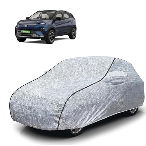 Image of Sulfar 100% Waterproof Car Body Cover Compatible with Mirror for Tata Nexon EV (Triple Stitched, Full Bottom Elastic, Magic Silver with Black Piping)