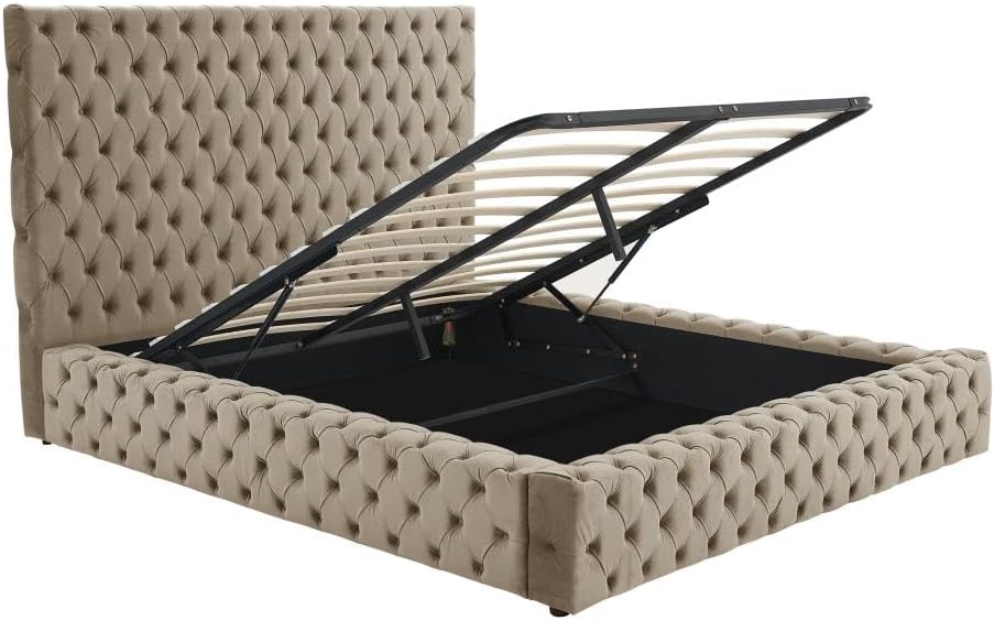 نمای نزدیک view of the DULENI storage bed's lift mechanism, showing the metal frame and gas pistons that facilitate opening and closing.