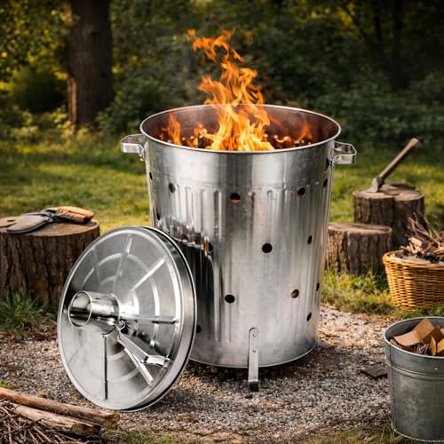 Feuertonne 75 Liter verzinkt I Gartenabfall schnell und einfach entsorgen I Feuerfass aus Metall | Garten Verbrennungstonne | Gartentonne | Gartenofen
