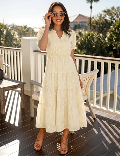 Image of ZESICA Womens Summer Floral Flowy Midi Dress 2026 Puff Short Sleeve V Neck Ruffle Tiered Beach Vacation Party Dresses