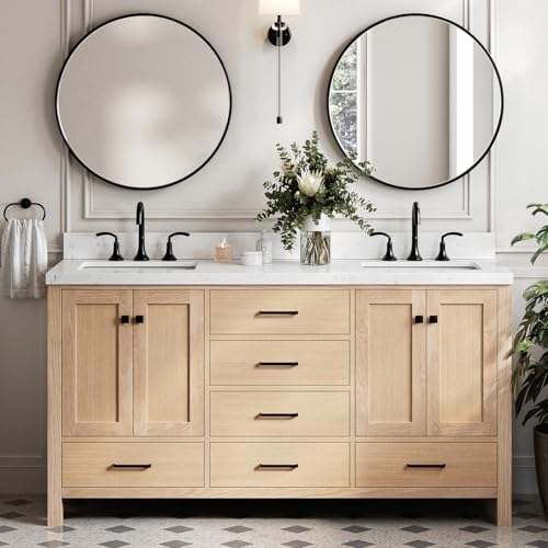 DKB Beckford 66-Inch Oak Double Bathroom Vanity with Sink, 1.5-Inch Carrara White Quartz Countertop & 4" Backsplash, Soft Closing Doors & Drawers, Matte Black Hardware