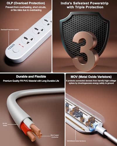 Image of FEDUS Surge Protector, 4 Universal Sockets with Individual Switch, 32 Feet 10 Meter Long Cable, Extension Board Cord, Automatic Overload Protection, Fireproof Power Strip Switch Board, Spike Guard