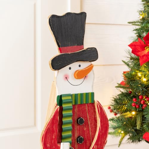 Image of Glitzhome 30 inchH Christmas Chunky Wood Snowman Porch Sign, Standing Snowman Porch Decor with Black Top Hat and Red Coat,Merry Christmas Welcome Sign for Holiday Front Porch Outdoor Decorations