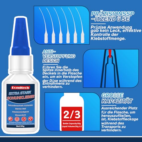 Schuhkleber Extra Stark Wasserfest 30 g, Schuhsohlenkleber mit Anti-Austrocknungs-Spitze, Kleber für Schuhe & Sportschuhe, Stiefel, Sandalen, Stiefel, Leder, Ceramic, Handtasche, Wasserdicht