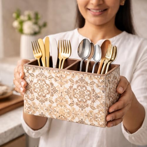 Image of Wooden Cutlery Holder with 2 Sections - Gold Design Spoon Stand for Kitchen & Dining Table Organizer (10x16x12 cm) | Multipurpose Cutlery stand for dining table, Chammach Stand, Table Decor