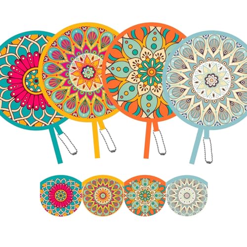 SUJJY 4 Pack Assorted Mandala Pattern Hand Fan Foldable, Multi-Role Round Handheld Fans for Travel, Events, Indoor & Outdoor (Mandala)