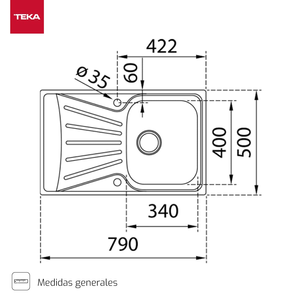 Teka Starbright 45 E-XP 1C 1E - Fregadero de 45 cm, Izquierda Encastrado, 1 Cubeta y Escurridor, Desagüe con Válvula Manual, Instalación por Encastre, Color Acero Inoxidable
